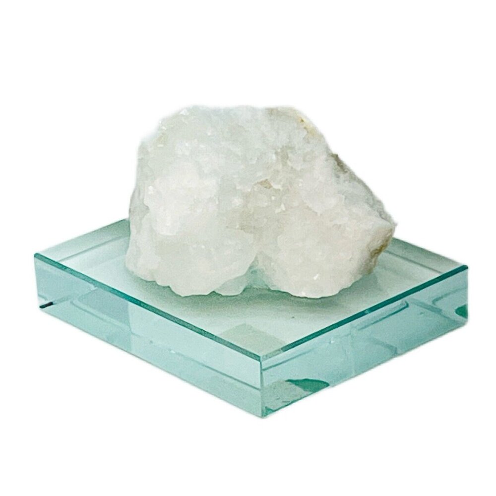 Natural Zeolite Quartz Crystal Geode On Glass Base Display 3.5"x2.5"X1.5"
